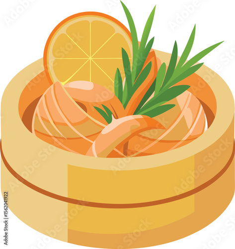 Steamed salmon dish with orange slice and green garnish in bamboo steamer