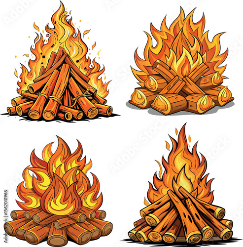 Detailed Vivid Bonfire Illustration – Glowing Flames and Campfire Night Scene.