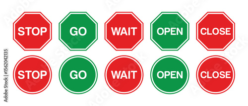 Go, Stop, wait, open and close signs set red and green octagon shapes vecto design illustration