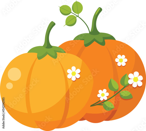 Two cheerful cartoon pumpkins adorned with delicate white flowers and green leaves