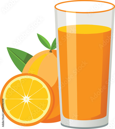 Refreshing orange juice in a tall glass with fresh oranges and leaves