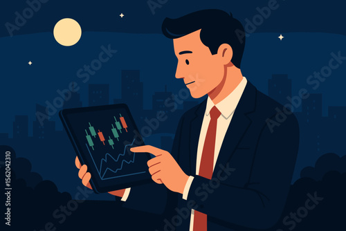 Businessman investor analyzes stock market data on tablet at night. Trader checking financial candlestick chart. Concept for crypto, forex trading, investment, and analysis.
