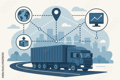 Logistics and supply chain management vector concept. Truck with container cargo on a road for global network distribution. Smart transportation with tracking and business analytics.