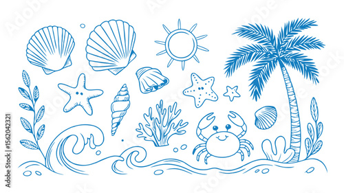 Blue Line Art Beach with Palm Tree, Crab, Starfish, Seashells and Ocean Waves