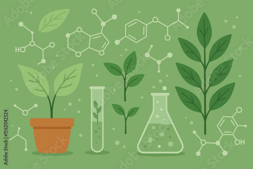 Biochemistry and plant science vector illustration. Biology laboratory concept with seedlings, test tubes, flasks, and chemical formulas. Biotechnology research and development.