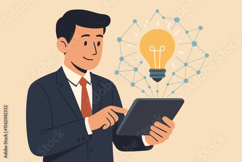 Businessman using digital tablet with glowing light bulb. Concept of innovation, creative idea, and business solution. Network connectivity, technology, and science. Modern flat illustration.