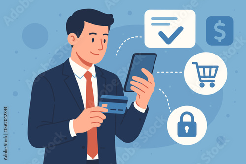 Businessman making a secure online payment on a smartphone with a credit card. Mobile banking, e-commerce, and online shopping concept. Financial technology and digital transaction vector.