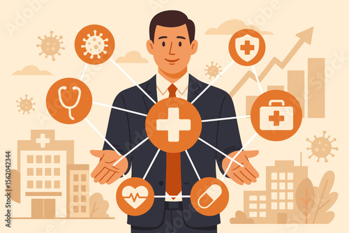 Healthcare business concept. Businessman presenting a medical services network and health insurance options. Hospital management, healthcare system growth and investment analysis.
