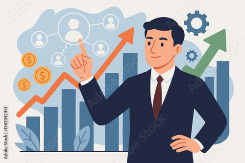 Businessman Touching Customer Network Icon with Growth Graph and Positive Financial Indicators, Analyzing Investment Data, Business Progress and Economic Success Concept