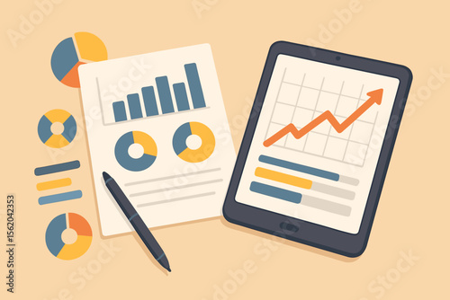 Financial analytics dashboard on a tablet and paper report with charts. Business growth and investment statistics. Marketing data visualization for profit and success. Flat vector illustration.