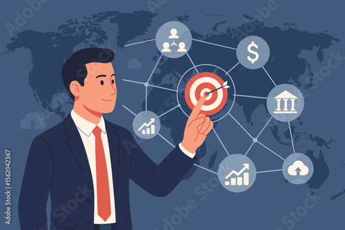 Businessman touching an interactive screen showing a global business strategy. Concept of targeting goals, digital marketing, finance, and HR networking for international growth.