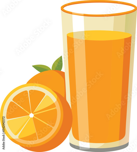 Refreshing glass of orange juice with fresh oranges and green leaves