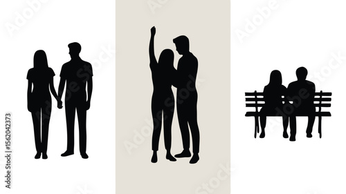 Black Silhouettes of Couples Holding Hands, Embracing, and Sitting on a Bench in Isolation