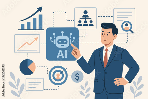 Businessman using Artificial Intelligence for business management and strategy. AI concept for financial data analysis, marketing growth, customer targeting, and leadership automation.