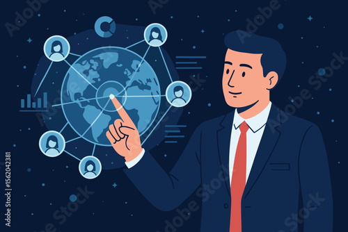 Global business communication concept. Businessman touching a virtual interface with a world map, data analytics, and customer network. CRM and worldwide connection. Vector cartoon.