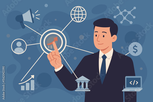 Businessman managing a global business strategy with a digital interface. Concept of marketing, finance, HR, and customer networking for corporate growth, development, and innovation.