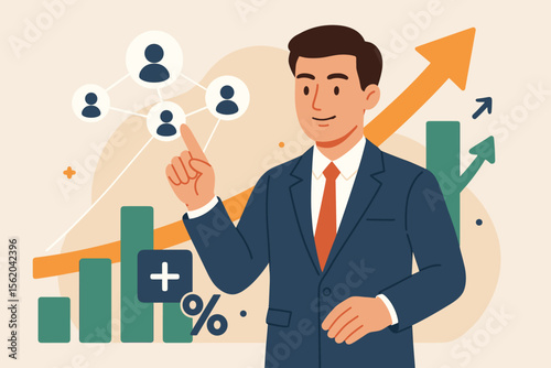 Businessman analyzing customer network for growth. Chart shows progress, success, and increased sales. Concept of CRM, financial data analysis, investment strategy, and economy.