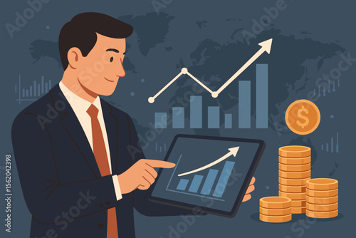Businessman analyzing financial data on a digital tablet for stock market investment growth. Concept of business strategy, trading, exchange, and banking. Economic profit chart.