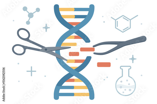 Gene editing concept with scissors cutting DNA helix. Genetic engineering and CRISPR technology metaphor. Biotechnology, medical science, research and innovation vector illustration.