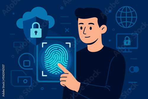 Cyber security and biometric identification concept. Man using fingerprint scanner for authentication and access. Digital technology for data protection, privacy, and internet safety.