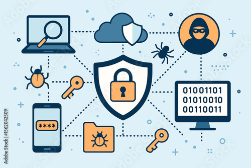 Cyber security concept illustration. Network protection, data privacy, and digital safety. Antivirus software fighting malware, bug, virus, and hacker attack. Cloud computing security.