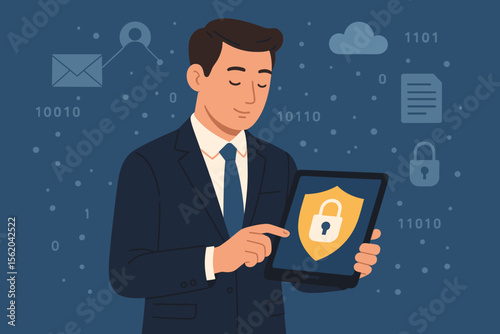 Data protection and privacy concept. Businessman protecting personal information on a tablet. Cyber security network with shield and lock icon. GDPR compliance and online safety.