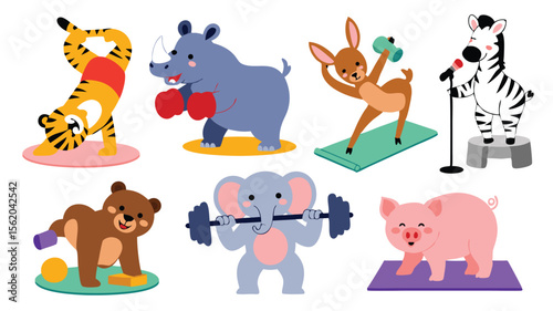 Cartoon Animals Exercising Tiger Yoga, Rhino Boxing, Deer Lifting Weights, Elephant Barbell, Zebra Singing, Bear Balancing