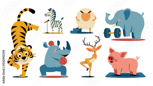 Cartoon Animals Practicing Hobbies Yoga Tiger, Singing Zebra, Weightlifting Elephant, Boxing Rhino