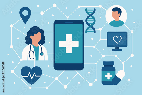 Telemedicine and digital health vector concept. Online doctor consultation via smartphone application. Medical network connecting patient, DNA, ECG, and pharmacy icons. Healthcare technology.