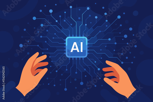 Artificial intelligence conceptual design. Hands reaching for an AI processor. Digital transformation, machine learning, and big data technology. Next generation neural network vector.