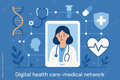 Digital health care and medical network concept. Online doctor on a tablet providing virtual consultation. Telemedicine technology with DNA, science, and cardiology icons. Flat vector.