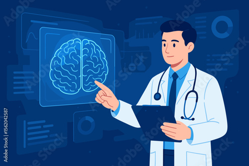 Doctor analyzing brain scan on a futuristic virtual interface. Neurologist checking test results. Healthcare innovation, medical technology, science, and laboratory research concept.