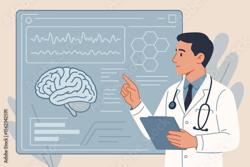 Doctor analyzing brain scan results on futuristic digital interface, medical technology innovation, neuroscience research, healthcare professional with stethoscope, modern flat vector illustration