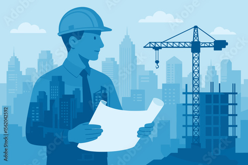 Double exposure vector of a construction engineer with a blueprint. Architect silhouette with city skyline and crane. Concept for urban development, building industry and planning.