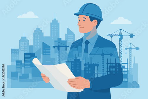 Construction engineer with blueprint double exposure. Architect supervising a project with city skyline and cranes. Urban development, building industry, and real estate concept vector.