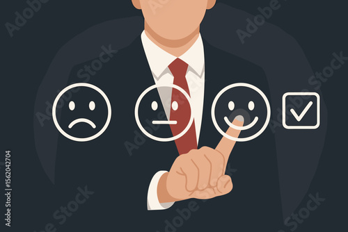 Businessman giving a positive review. Finger pressing happy smile emoticon for customer satisfaction survey. Excellent service rating, feedback, and user experience evaluation.