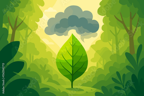 Reduce CO2 emission vector concept. Green leaf in a forest absorbing a pollution cloud. Metaphor for carbon capture, clean air, sustainability, and environmental protection.