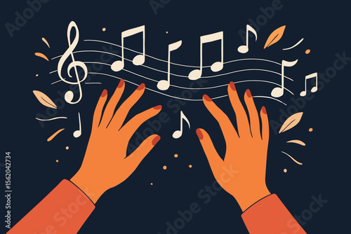 Hands playing music on a staff with notes and treble clef. Concept of composition, creation, learning, and inspiration. Musician, pianist, or composer creating a melody or song.