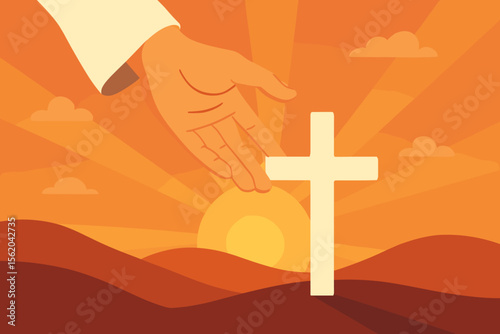 Hand of God reaching for a white Christian cross at sunset. Religious vector illustration of faith, hope, salvation, and mercy. Jesus Christ's divine help and spiritual concept.