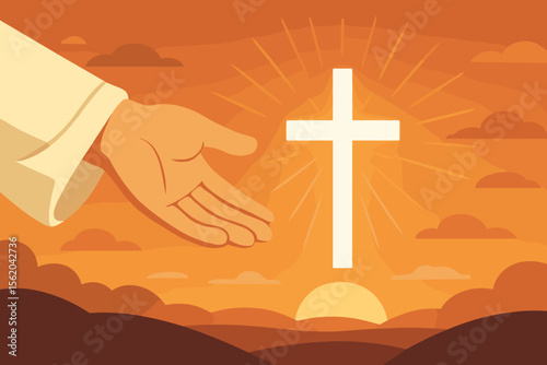 God's helping hand reaching towards a glowing Christian cross over a sunset landscape. Religious concept of faith, hope, salvation, and prayer. Spiritual vector illustration of Jesus's guidance.