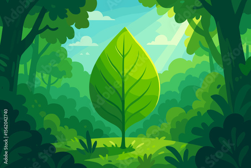Ecology concept. Reduce CO2 emissions. Green leaf in forest. Carbon neutral. Clean environment. Sustainable future. Net zero. Nature preservation. Eco friendly. Vector illustration.