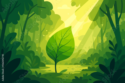 Green leaf growing in forest with sunlight. Ecology concept for CO2 emission reduction and sustainability. Clean environment, carbon neutral, and nature conservation vector background.