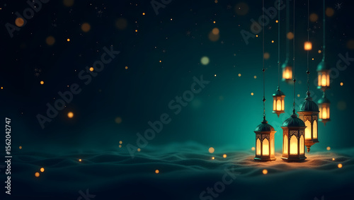 Eid-themed background with glowing lanterns and night sky.