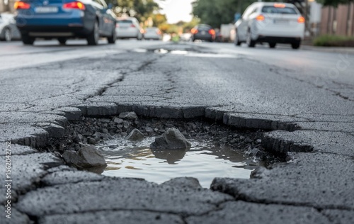A close-up of a pothole in the middle of the street photo