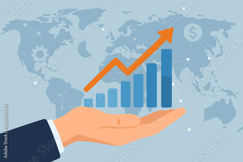 Businessman hand holding a growing graph. Global business strategy for financial growth and success. Digital marketing analysis, data research, and investment return concept vector.