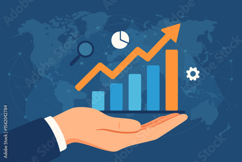Businessman hand holding financial growth chart with arrow up. Global business strategy, data analysis, and digital marketing success concept. Investment and research vector background.