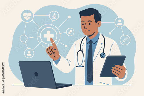 Digital Healthcare Innovation Concept. Doctor Using Tablet and Laptop for Telemedicine, Medical Technology, Online Consultation, Virtual Health Network, Modern Medicine, Healthcare Connection