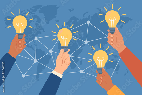 Diverse hands holding glowing light bulbs symbolizing innovation, teamwork, global collaboration, creativity, and idea sharing on connected world network map. Modern business inspiration vector