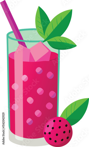 Refreshing pink dragon fruit smoothie with ice and mint leaves