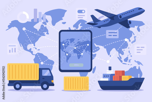Global logistics and transportation network concept. Smart distribution of container cargo by truck, ship, airplane. Supply chain, freight shipping, worldwide delivery, digital UI, innovation vector